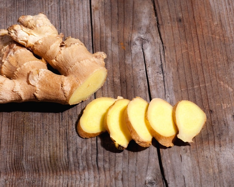 Slices of ginger on table