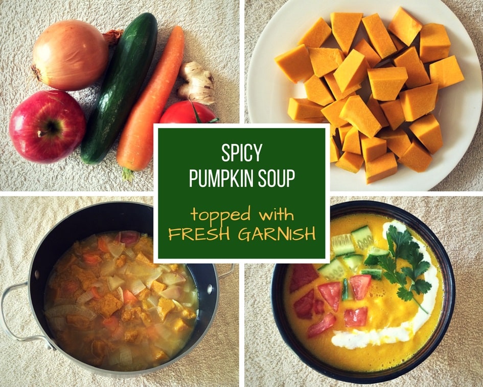 Spicy pumpkin soup and garnish ingredients
